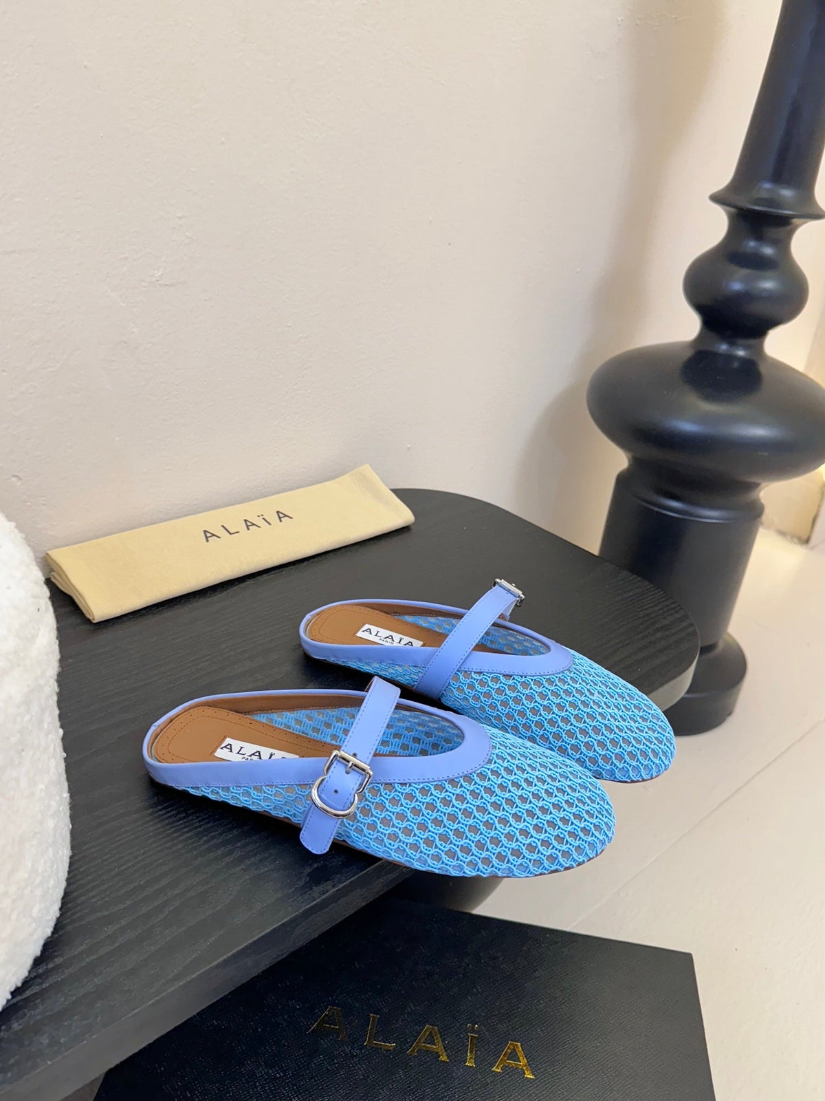 ALAIA FLAT MULES 25S IN BLUE MIX PURPLE WOVEN MESH
