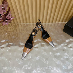 YSL 25S HIGH-HEEL SLINGBACKS 105 MM IN CAMEL BROWN LAMBSKIN AND SILVER HARDWARE