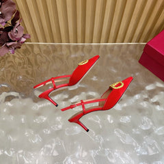 VALENTINO 25S HIGH-HEEL SLINGBACKS IN RED VELVET WITH GOLD HARDWARE