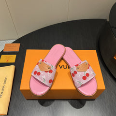 LV SLIDE SANDALS 25S IN PINK DENIM AND CALFSKIN WITH LOGO PRINT
