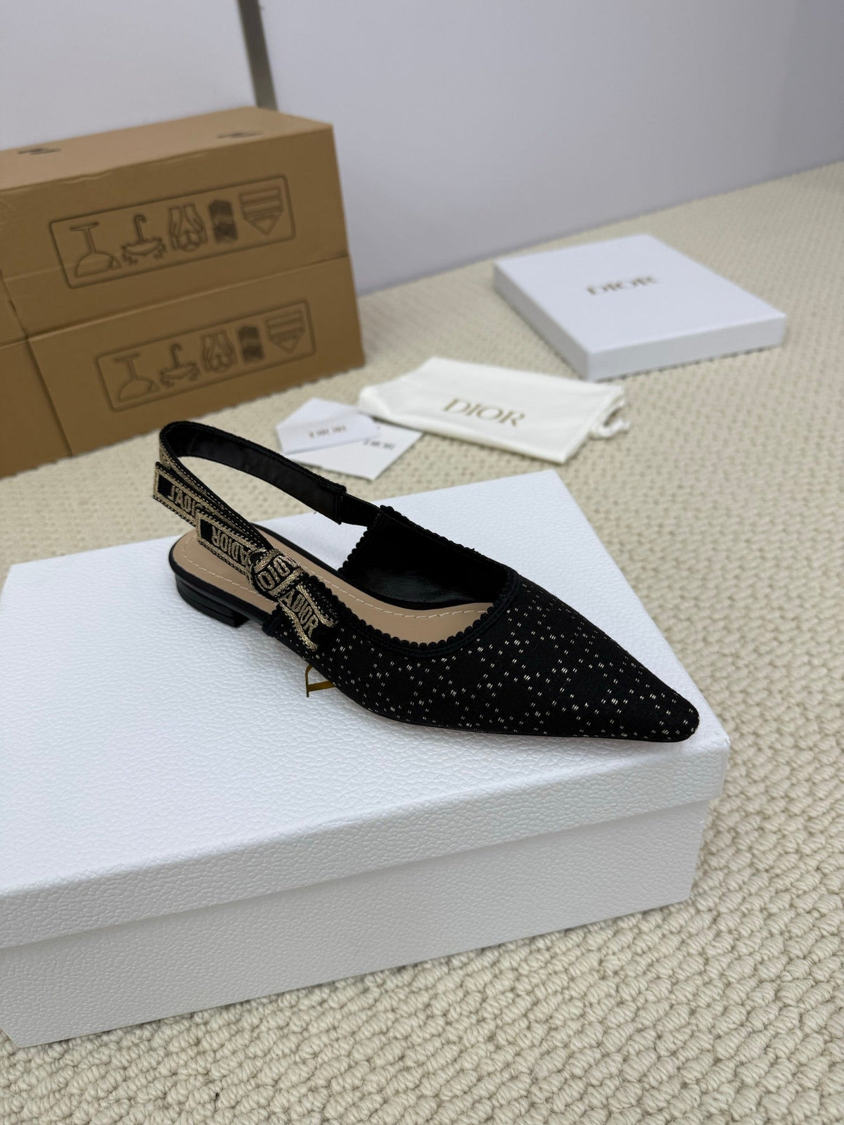 DIOR FLAT SLINGBACK 25S IN BLACK FABRIC AND BRAND NAME EMBROIDERY