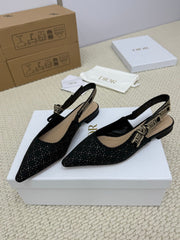 DIOR FLAT SLINGBACK 25S IN BLACK FABRIC AND BRAND NAME EMBROIDERY
