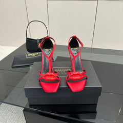 BALMAIN 25S LIPS SANDALS 10 IN CRIMSON RED SATIN