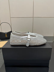 ALAIA MARY JANE FLAT 25S IN SILVER WOVEN MESH
