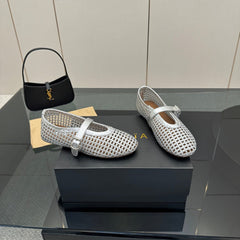ALAIA MARY JANE FLAT 25S IN SILVER WOVEN MESH