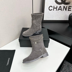 CHANEL 25S SHORT BOOTS IN GRAY SUEDE SILVER HARDWARE