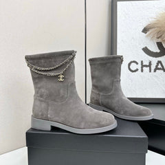 CHANEL 25S SHORT BOOTS IN GRAY SUEDE SILVER HARDWARE