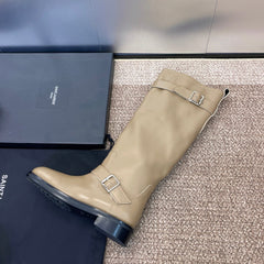 YSL 25S KNEE-HIGH BOOTS 30 MM IN BEIGE LAMBSKIN WITH SILVER HARDWARE