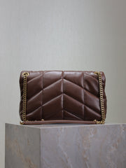 YSL 25S LOULOU PUFFER MM 29 IN DARK BROWN CALFSKIN GOLD HARDWARE