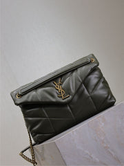 YSL 25S LOULOU PUFFER GM 35 IN DARK OLIVE CALFSKIN GOLD HARDWARE