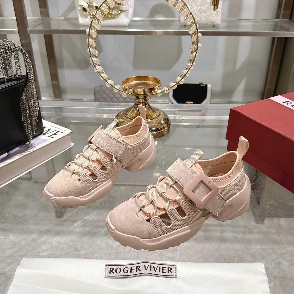VIV' ON THE RUN TREKKY SNEAKERS IN BEIGE PINK FABRIC AND SUEDE