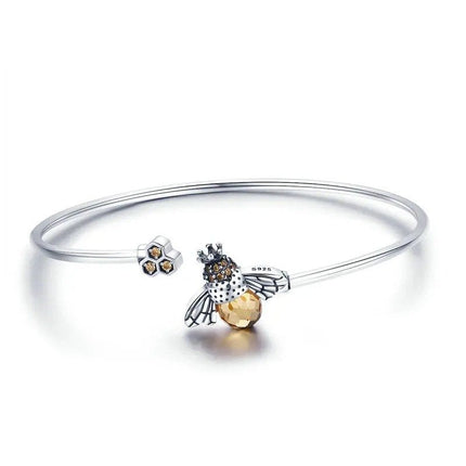 Crystal Yellow Bee Bangle Silver Cute Insect Bracelets for Women