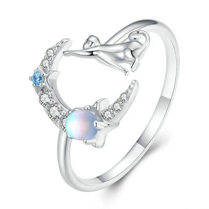 Cat and Moon Cute Animal Opening Ring Moonstone Adjustable Ring