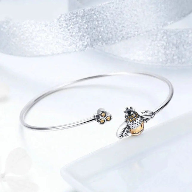 Crystal Yellow Bee Bangle Silver Cute Insect Bracelets for Women