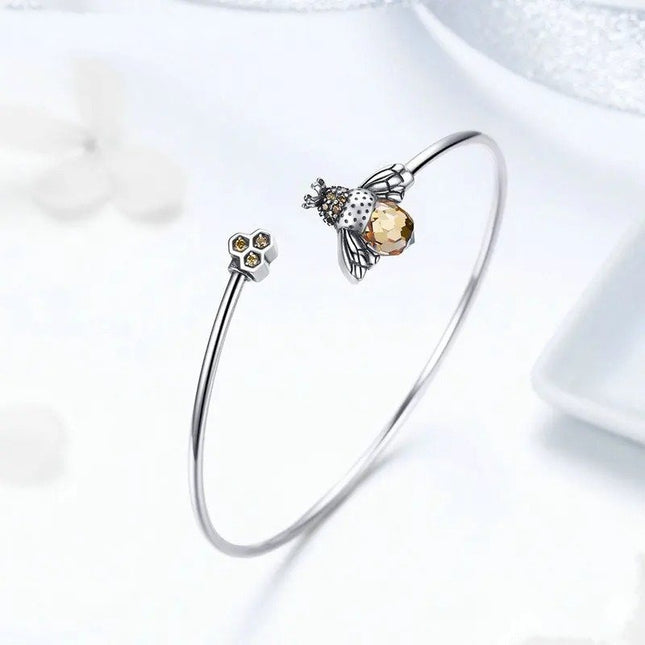 Crystal Yellow Bee Bangle Silver Cute Insect Bracelets for Women