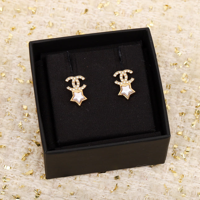 DOUBLE C STAR MOP DIAMONDS GOLD EARRINGS