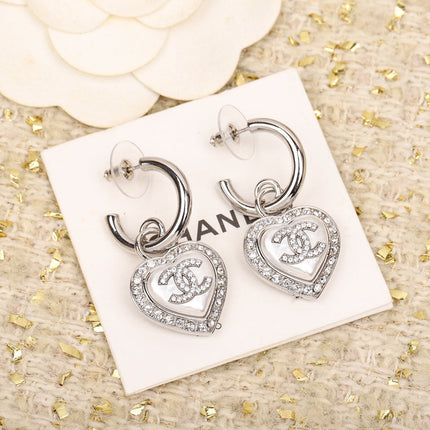 DOUBLE C DROP HEART SILVER DIAMONDS EARRINGS