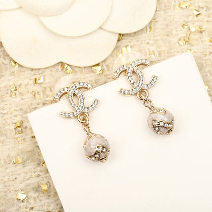 DOUBLE C DROP BALL GOLD DIAMONDS EARRINGS