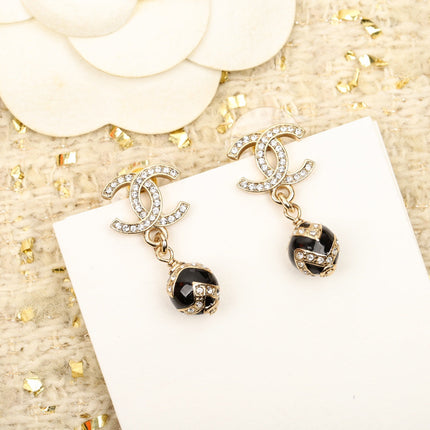 DOUBLE C DROP BALL GOLD DIAMONDS EARRINGS