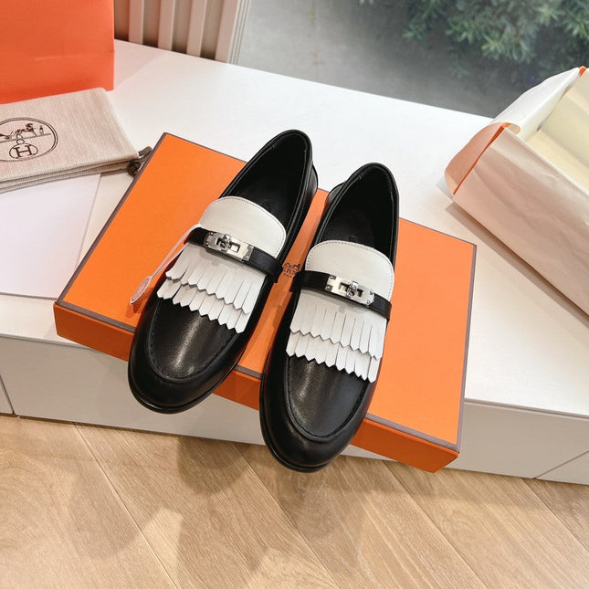 Destin Loafer Black Goatskin with White Fringe Detail