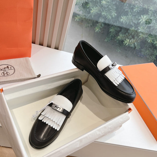 Destin Loafer Black Goatskin with White Fringe Detail