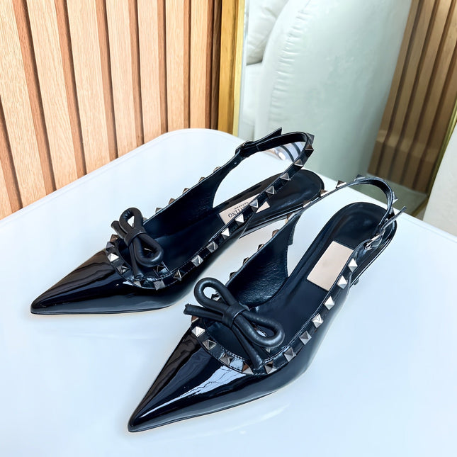 Rockstud Bow Slingback Black Calfskin With Matching Studs