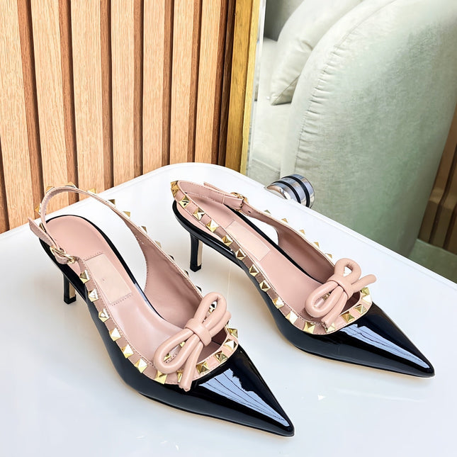 Rockstud Bow Slingback Black and Rose Cannelle Calfskin With Matching Studs