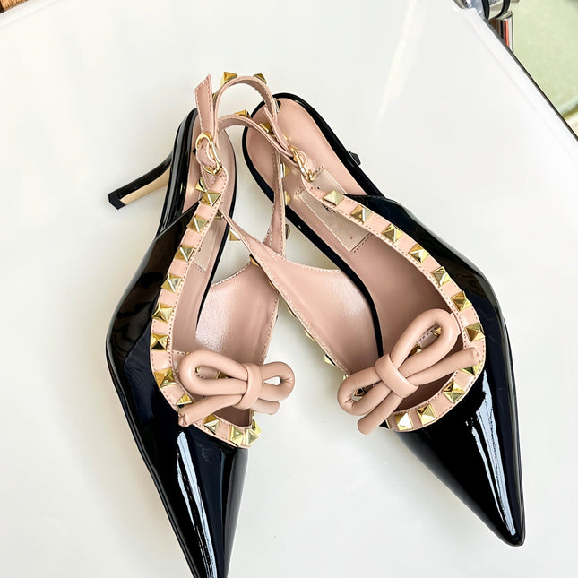 Rockstud Bow Slingback Black and Rose Cannelle Calfskin With Matching Studs